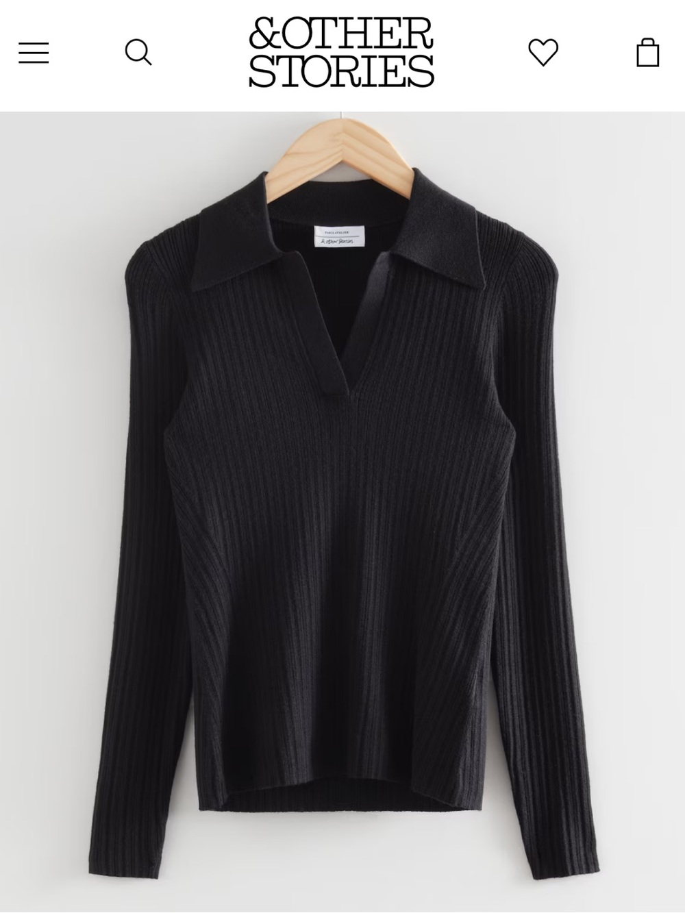 & Other Stories Wool Ribbed V-Neck Polo Collared Knit Sweater Top Black Medium